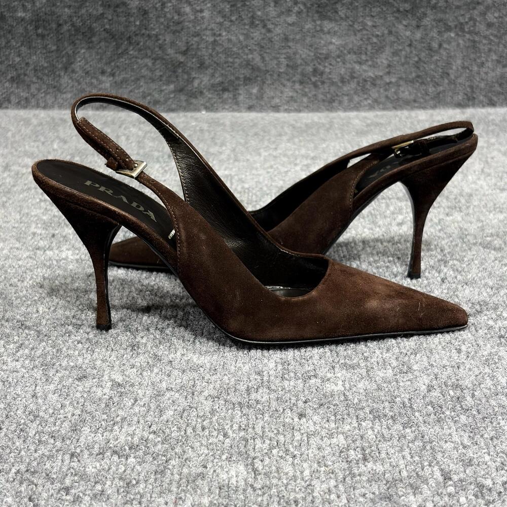 Prada Shoes Womens 5 EU 35.5 Brown Suede Slingback Pointed Toe Heels Made Italy